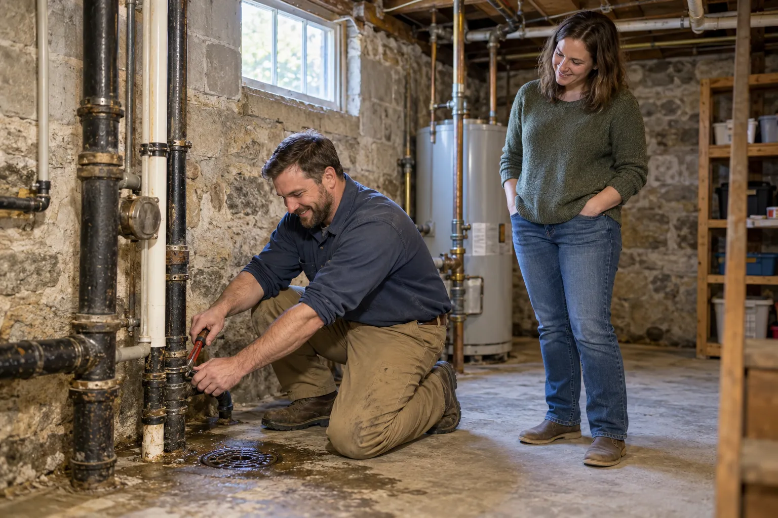 A friendly local plumber talking with a homeowner beside a basement utility sink in Hammonton